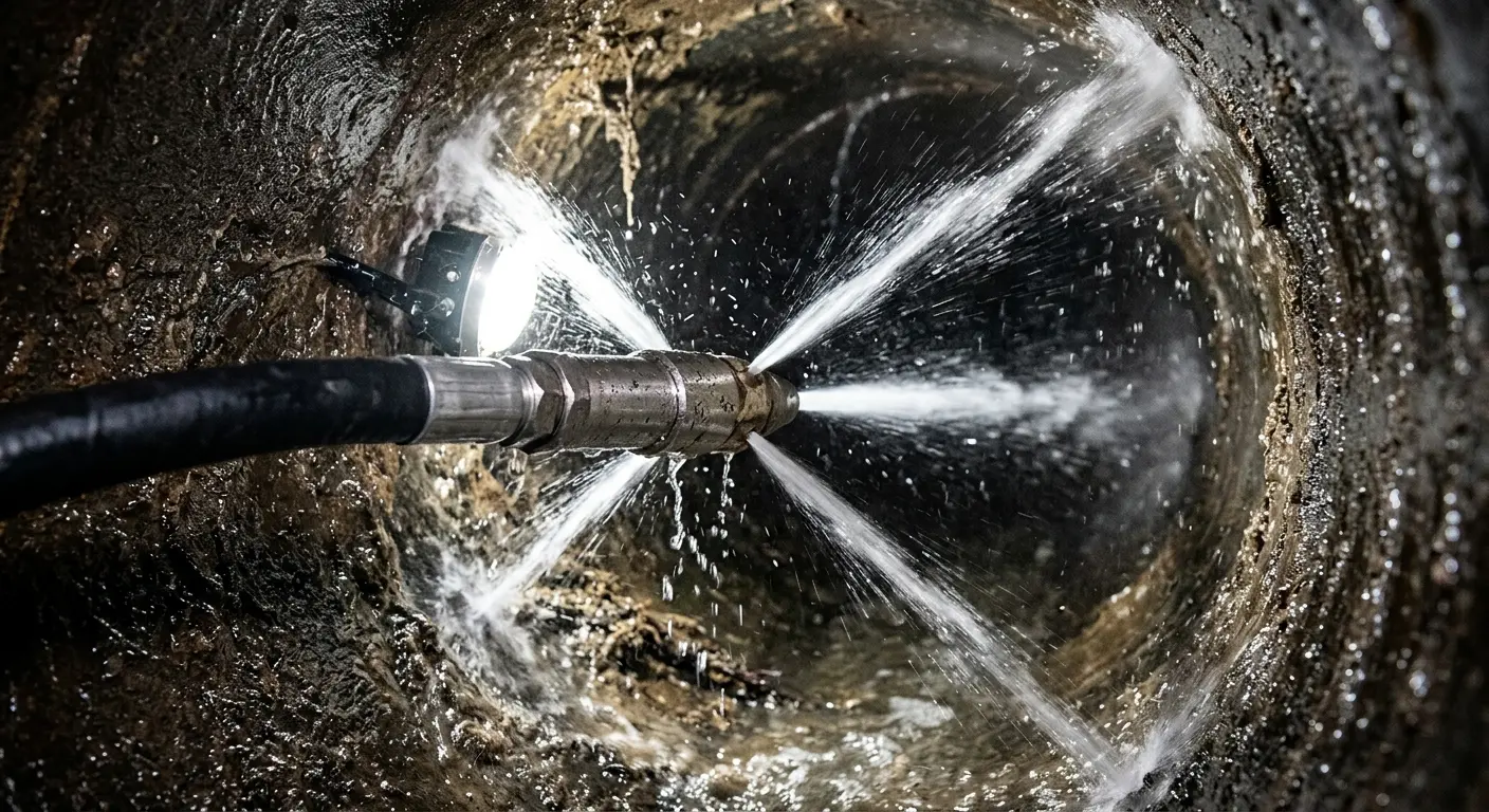 High-pressure hydro jetting nozzle cleaning sewer pipe for Sewer Cleanout in Milpitas