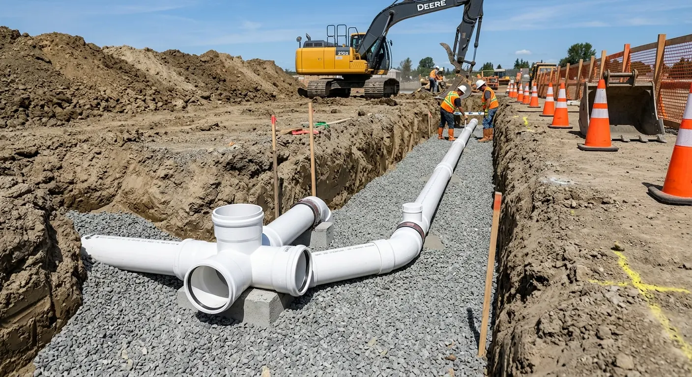 New PVC sewer pipe installation in open trench for Commercial Drain Cleaning in Milpitas