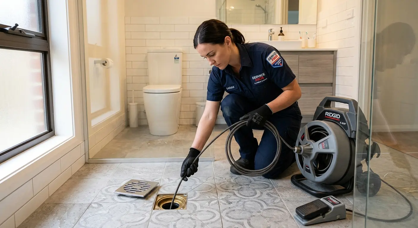 Technician clearing a bathroom floor drain for Hydro Jetting in Milpitas